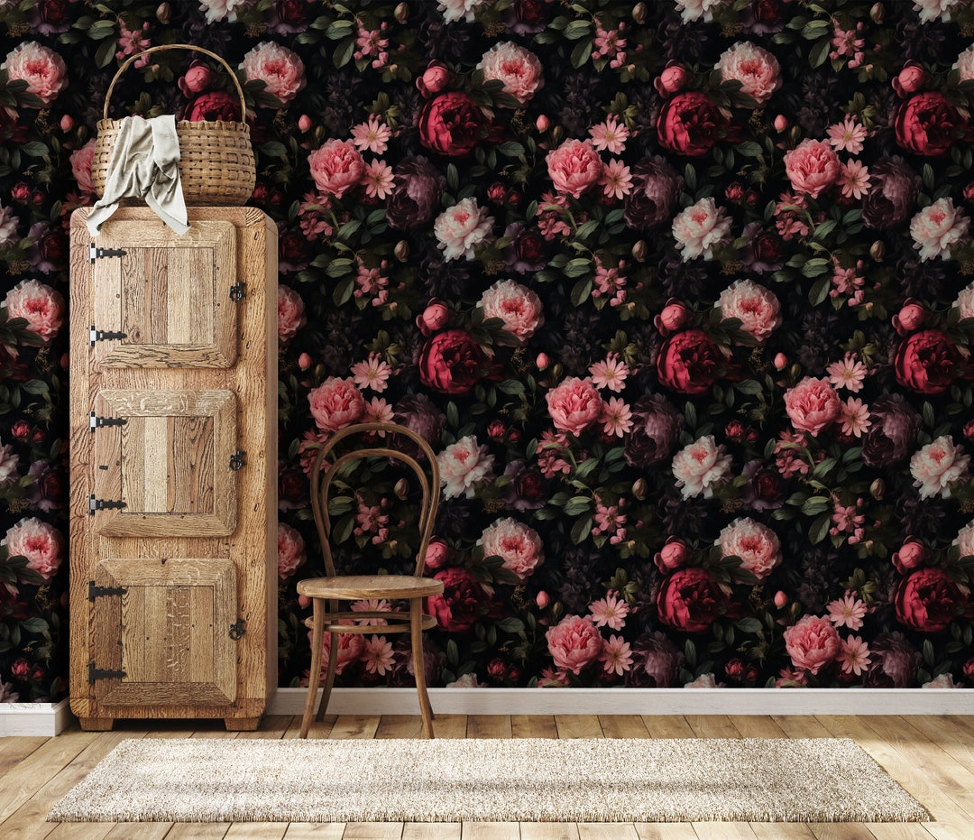 Botanical Secret Garden Peel and Stick Wallpaper Dark Floral Etsy