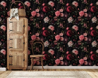 Botanical Secret Garden Peel and Stick Wallpaper, Dark Floral Wallpaper, Peony Floral Large Mural, Dark Botanical Wallpaper, Vintage Mural