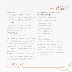 May include: A guide for using wallpaper, including information about the material, cleaning, application, and surfaces not recommended for application. The text includes the phrase "Art Design Wallpaper".