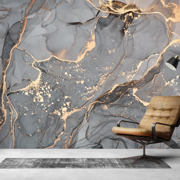 Papel pintado de mármol dorado: Mural abstracto gris, despegar y pegar