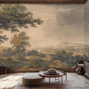 Panoramic Scenic Wallpaper Peel and Stick, Panoramic Rural Landscape Wallpaper Removable, Vintage Landscape Rural Painting Wallpaper