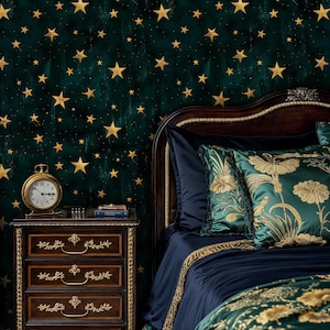 Emerald Green and Gold Starry Sky Wallpaper, Celestial Peel and Stick Wallpaper, Constellation Wall Mural, Starry Sky Ceiling Wallpaper
