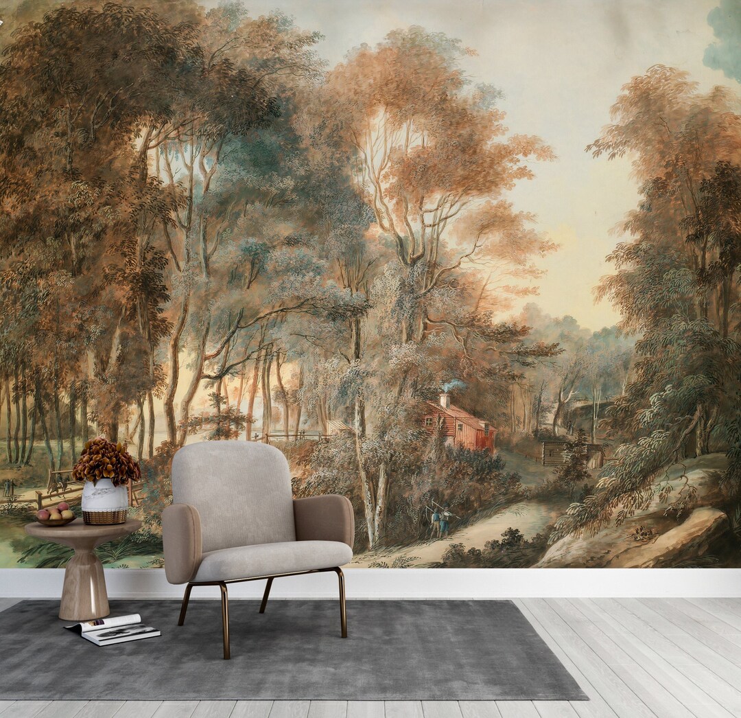 Forest Landscape Wallpaper Mural: Vintage Nature Wall Art, Peel and ...