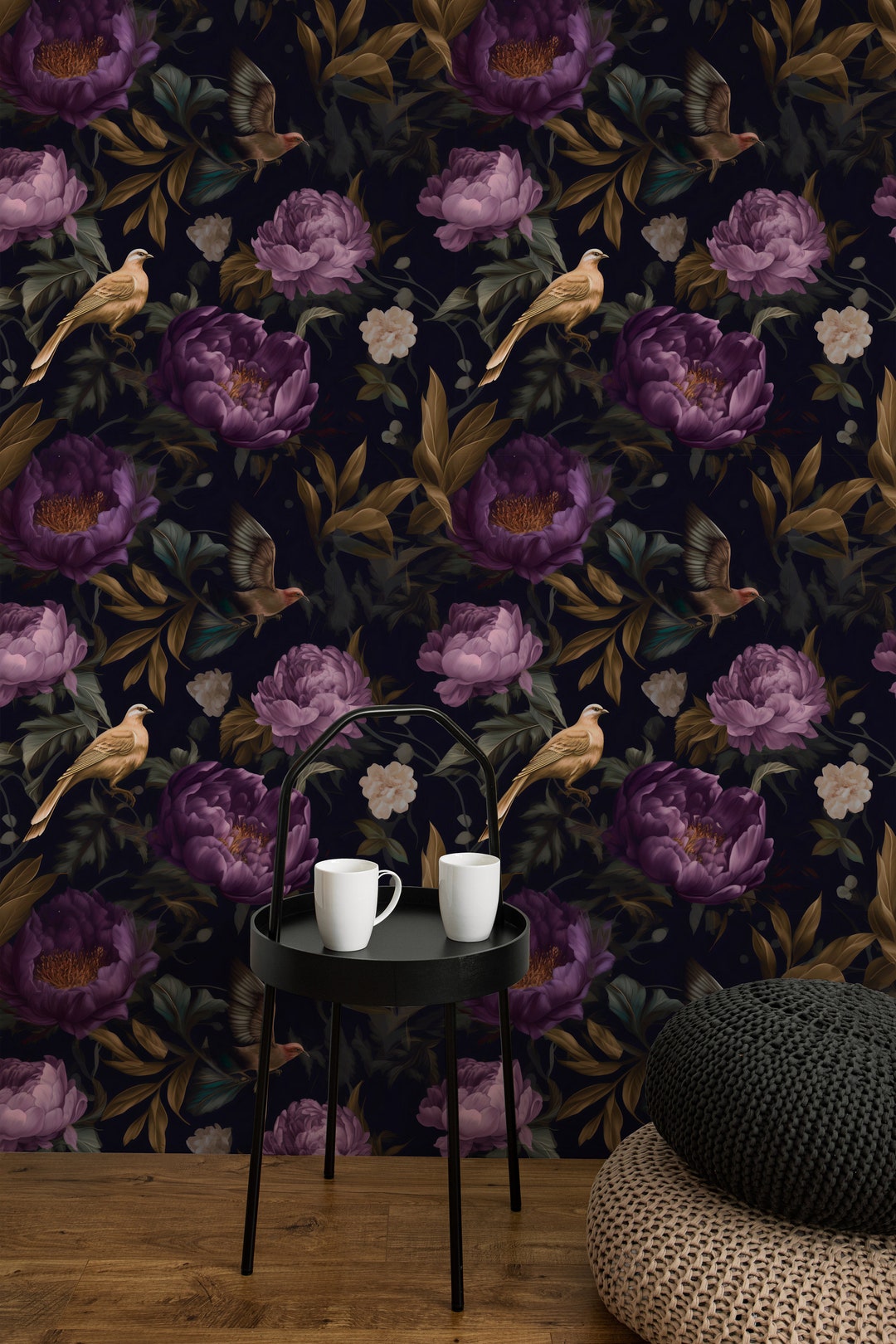 Botanical Secret Garden Peel and Stick Wallpaper, Dark Floral Peony