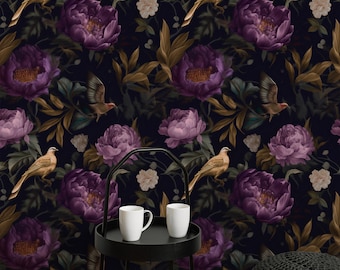 Botanical Secret Garden Peel and Stick Wallpaper, Dark Floral Peony Wallpaper, Dark Botanical Wallpaper, Wallpaper Floral, Vintage Wallpaper
