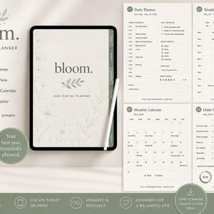 Puede incluir: Planificador digital con el texto "bloom. 2026 DIGITAL PLANNER". El planificador incluye secciones para la planificación diaria, semanal y mensual, así como un seguimiento de hábitos. El diseño es minimalista con acentos florales y una paleta de colores neutros.