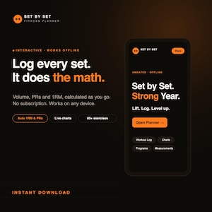 Puede incluir: Una interfaz de planificador de fitness digital titulada Set by Set, con un tema oscuro y acentos naranjas. La pantalla muestra texto que incluye Log every set. It does the math. y Set by Set. Strong Year. junto con botones para registros de entrenamiento.