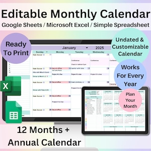 Editable Monthly Calendar Google Sheets Excel Spreadsheet Undated Task Planner Customizable Digital Template To Do List Blank Calendar