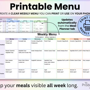 Printable Menu tab that updates from the Meal Planner and creates a clean weekly menu you can print or use on your phone.