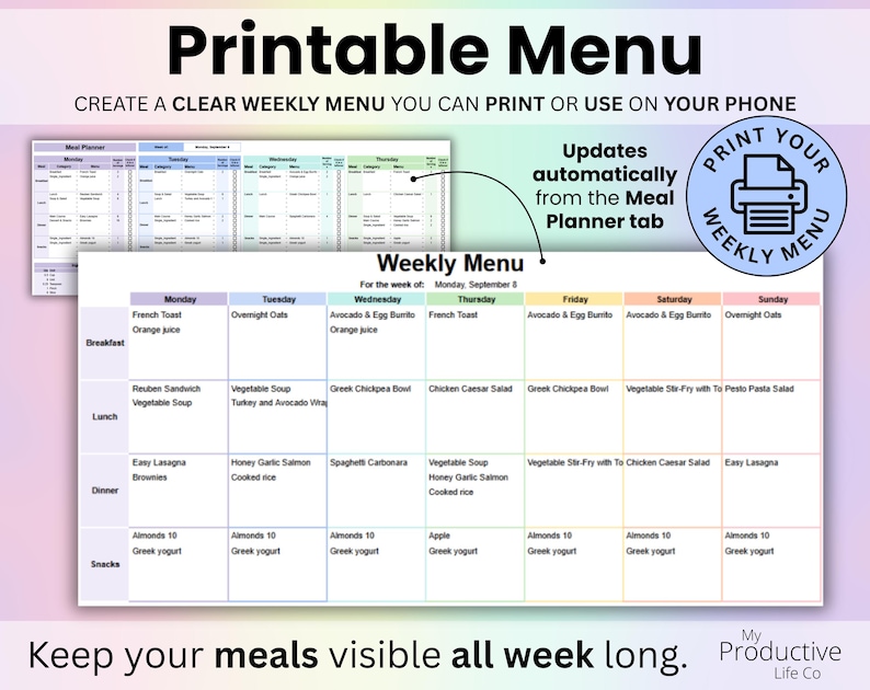 Printable Menu tab that updates from the Meal Planner and creates a clean weekly menu you can print or use on your phone.