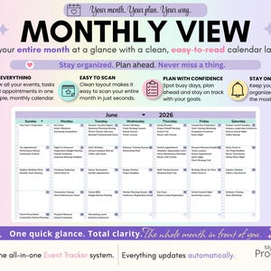 Monthly calendar showing all scheduled tasks and deadlines in a clean calendar layout. Text highlights planning ahead, spotting busy days, and viewing the entire month at a glance.