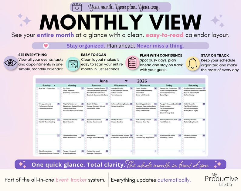 Monthly calendar showing all scheduled tasks and deadlines in a clean calendar layout. Text highlights planning ahead, spotting busy days, and viewing the entire month at a glance.