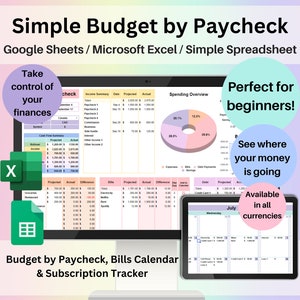 Hoja de cálculo de presupuesto simple por cheque de pago Plantilla de Excel de Google Sheets Planificador financiero semanal y quincenal Rastreador de suscripciones de deuda Snowball