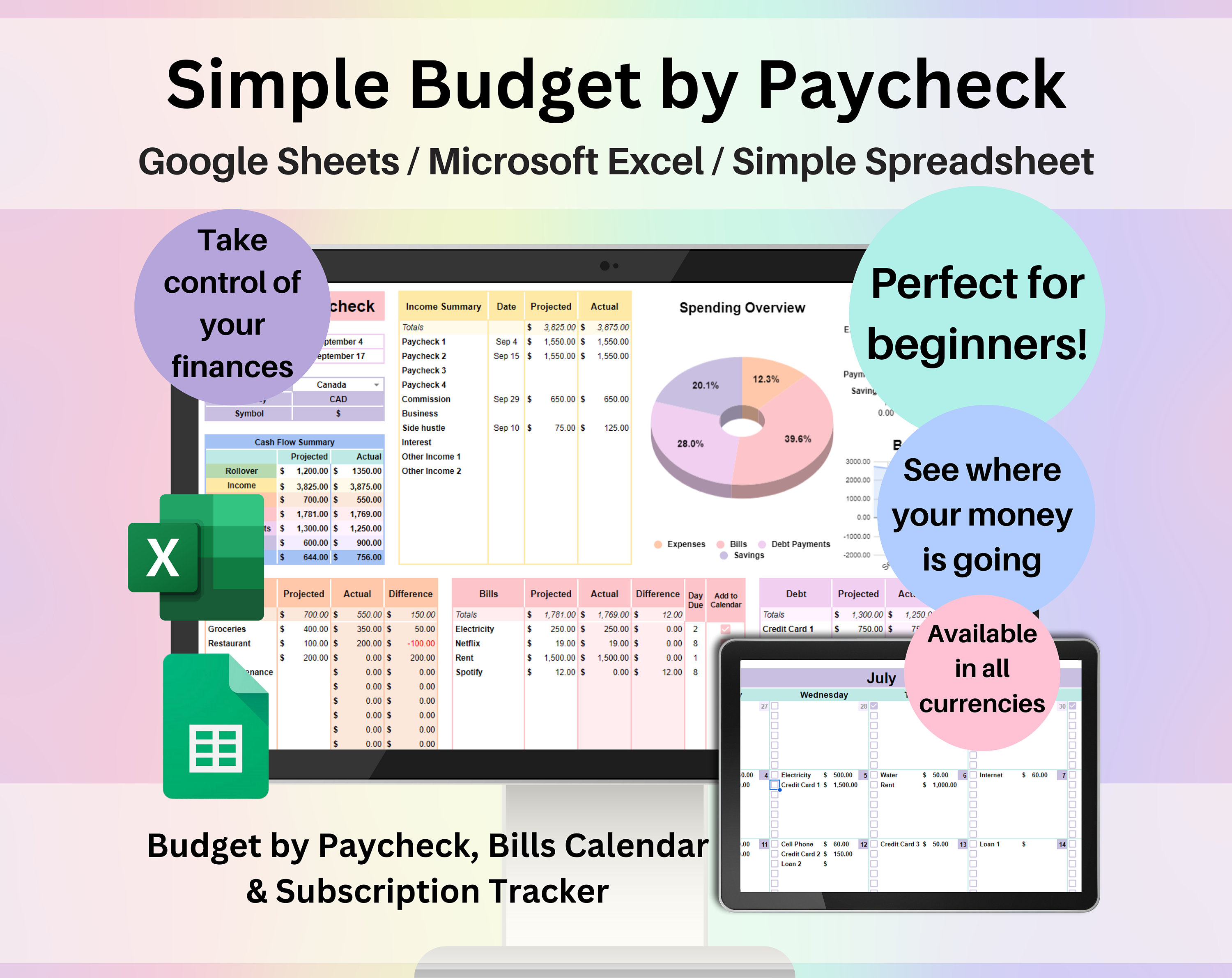 Budget by Paycheck Spreadsheet Google Sheets & Excel | Paycheck Budgeting Planner, Bills and Expenses, Savings Tracker