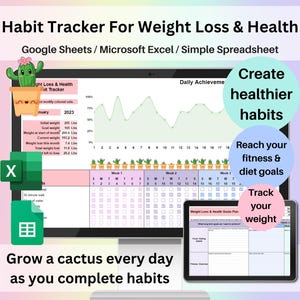 Habit Tracker for Weight Loss & Health Spreadsheet Google Sheets Excel Fitness Diet Routine Planner Weight Tracker Daily Healthy Habit List