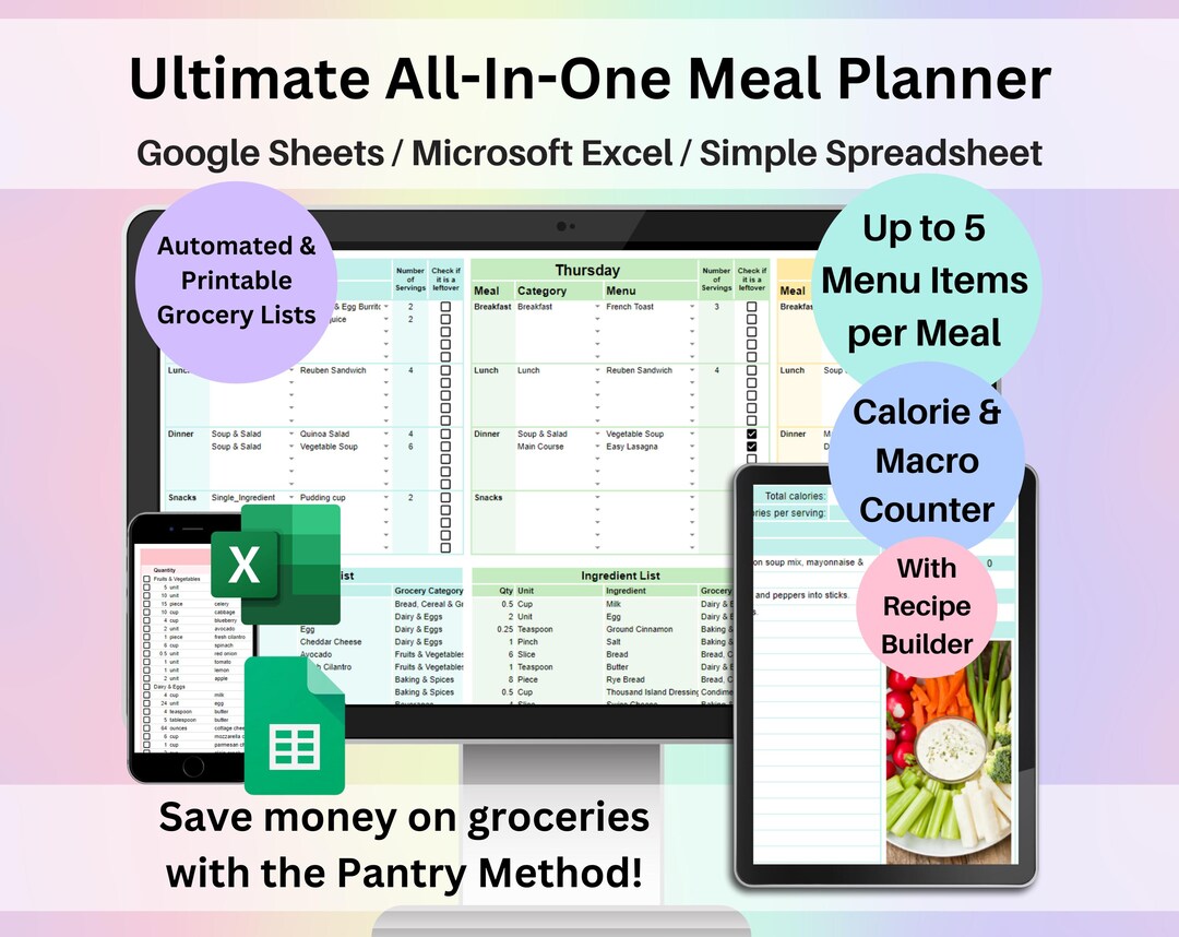 Weekly Meal Planner Spreadsheet | Google Sheets & Excel | Auto Grocery ...