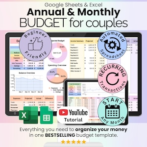 Annual & Monthly Budget for Couples Spreadsheet Google Sheets and Excel | Dual Income Planner, Shared Bills, Savings and Debt Tracker