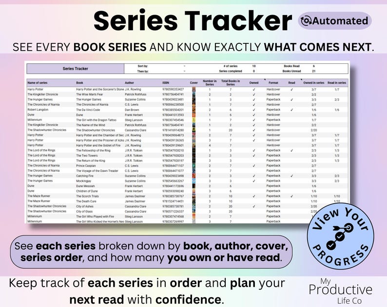 Organized series list with sorting options and automatic statistics including number of series, books read, series completed, books unread, and all books that belong to a series.
