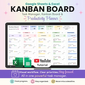 Planilha Kanban | Gerenciador de Tarefas e Acompanhamento de Projetos | Planejador de Produtividade | Google Sheets e Excel | Organizador de Fluxo de Trabalho