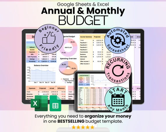 Annual & Monthly Budget Spreadsheet | Google Sheets and Excel Financial Planner Template | Monthly Income, Expense and Bill Tracker