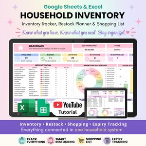 May include: A digital household inventory tracker for Google Sheets and Excel displayed on a monitor and tablet. The interface features a dashboard with item counts, stock status, a pie chart, and a YouTube tutorial button. Text includes Household Inventory, Inventory Tracker, Restock Planner & Shopping List, and Everything connected in one household system.