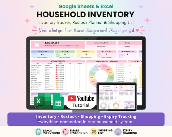Household Inventory Spreadsheet for Google Sheets & Excel, Home Inventory Tracker, Restock Planner, Shopping List, Expiry Tracker, Stock