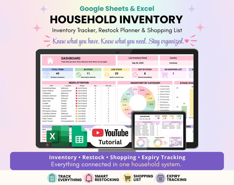 Household Inventory Spreadsheet for Google Sheets and Excel with a colorful pastel design for tracking household items, stock levels, locations, quantities, prices and expiry dates.