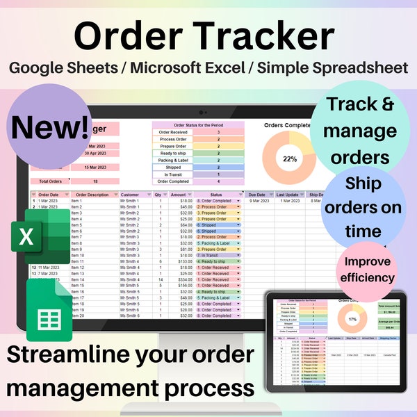 Order Tracker Google Sheets Excel Template Small Business Spreadsheet Digital Order Sales Log Monthly Order Status Management Order Manager
