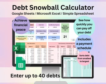 Debt Snowball Calculator Spreadsheet Google Sheets Microsoft Excel Template Digital Debt Payment Tracker Debt Payoff Snowball Method Planner