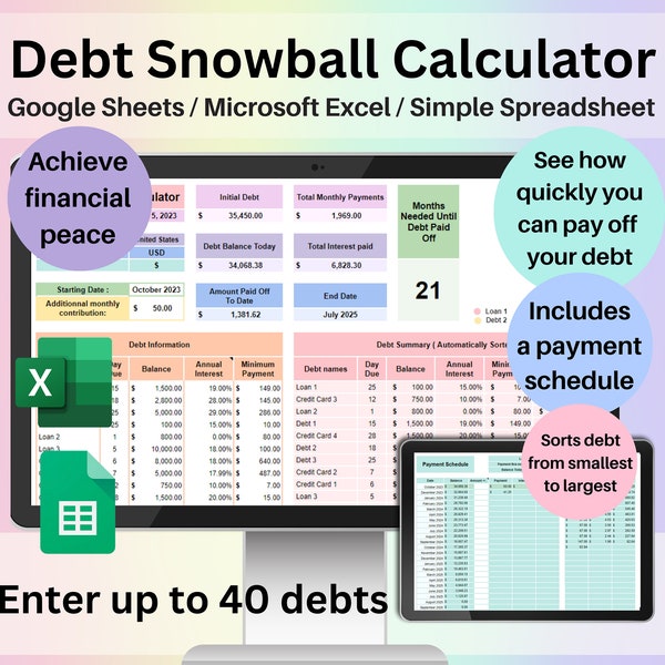 Debt Snowball Calculator Spreadsheet Google Sheets Microsoft Excel Template Digital Debt Payment Tracker Debt Payoff Snowball Method Planner