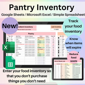 Voorraadtracker voor de voorraadkast Spreadsheet Google Spreadsheets Excel Checklist voedselinventaris Automatische boodschappenlijst Diepvriezer Spice Kitchen