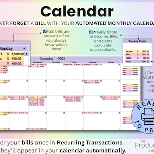 Editable bills and payments calendar inside the annual budget spreadsheet showing due dates for monthly expenses.