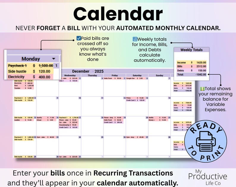 Editable bills and payments calendar inside the annual budget spreadsheet showing due dates for monthly expenses.