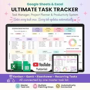 May include: A digital task tracker for Google Sheets and Excel featuring an Eisenhower Matrix, project planner, and productivity system. The display shows task lists, priority charts, and a dashboard. Includes a YouTube tutorial link and icons.
