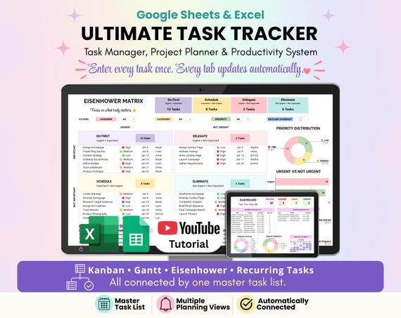 Ultimate Task Tracker Spreadsheet | Google Sheets & Excel | Gantt Chart | Kanban Board | Eisenhower Matrix | Project Planner | To Do List