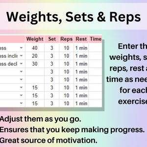 Planificateur d'entraînements, feuille de calcul Google Sheets, outil de suivi des exercices Excel, liste de contrôle pour la salle de sport, modèle de remise en forme, haltérophilie, musculation, Pilates image 5