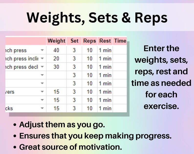 Planificateur d'entraînements, feuille de calcul Google Sheets, outil de suivi des exercices Excel, liste de contrôle pour la salle de sport, modèle de remise en forme, haltérophilie, musculation, Pilates image 5