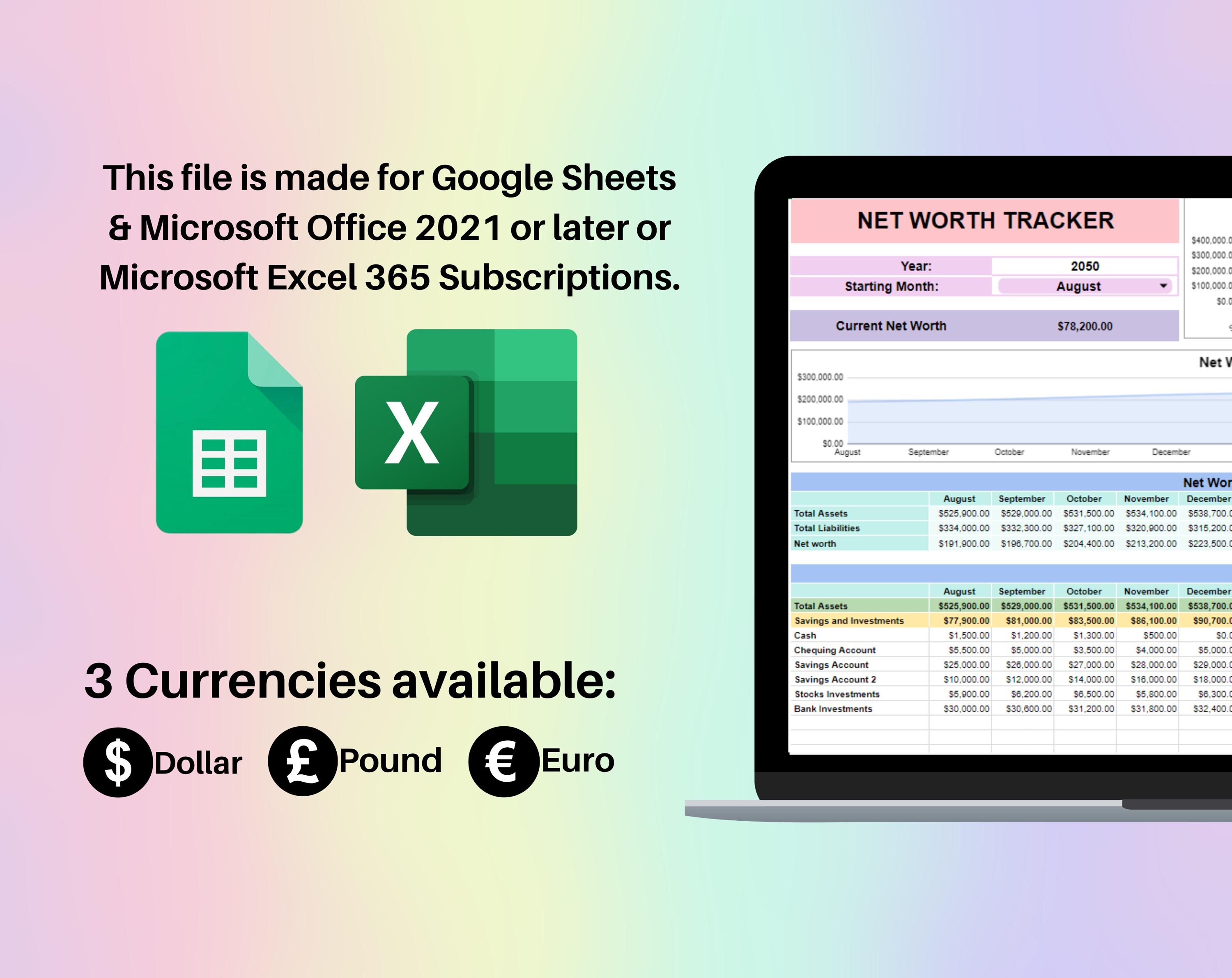 Net Worth Tracker Spreadsheet Google Sheets & Excel | Assets and ...