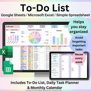 To-Do List Template Spreadsheet Google Sheets Excel Weekly & Daily Task Tracker Digital Productivity Planner To Do List Checklist Brain Dump