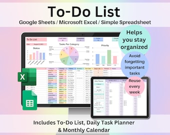 To-Do List Template Spreadsheet Google Sheets Excel Weekly & Daily Task Tracker Digital Productivity Planner To Do List Checklist Brain Dump