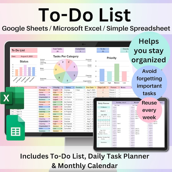 Modèle de liste de tâches Feuille de calcul Google Sheets Outil de suivi des tâches hebdomadaires et quotidiennes Excel Planificateur de productivité numérique Liste de contrôle pour la liste des tâches Vidage cérébral
