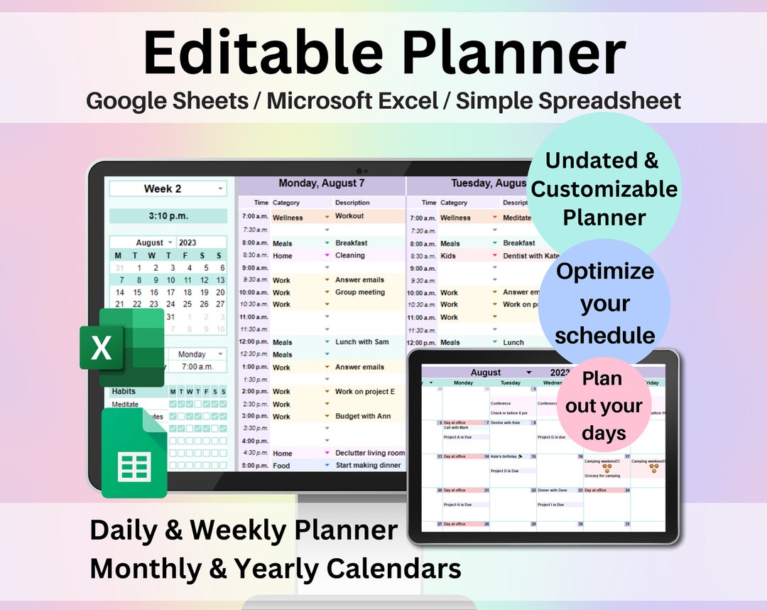 Editable Planner Google Sheets Excel Digital Planner Spreadsheet Daily