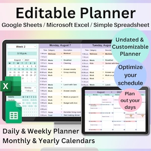 Editable Planner Google Sheets Excel Digital Planner Spreadsheet Daily Weekly Agenda Monthly Yearly Calendar Digital Daily Schedule Template