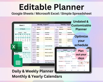 Editable Planner Google Sheets Excel Digital Planner Spreadsheet Daily Weekly Agenda Monthly Yearly Calendar Digital Daily Schedule Template