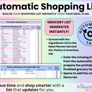 Automatic Shopping List tab that generates a grocery list from the meal plan, customizable with food and non-food items.