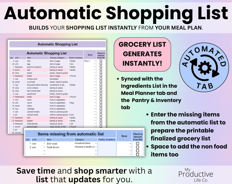 Automatic Shopping List tab that generates a grocery list from the meal plan, customizable with food and non-food items.