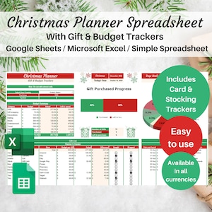 Planilha de orçamento do planejador de Natal Planilhas do Google Modelo do Excel Presente digital e orçamento de despesas de feriados Cartão de estoque Rastreador Calendário