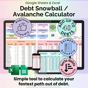 Debt Snowball / Avalanche Calculator Spreadsheet Google Sheets Microsoft Excel Template Digital Debt Payment Tracker Debt Payoff Planner