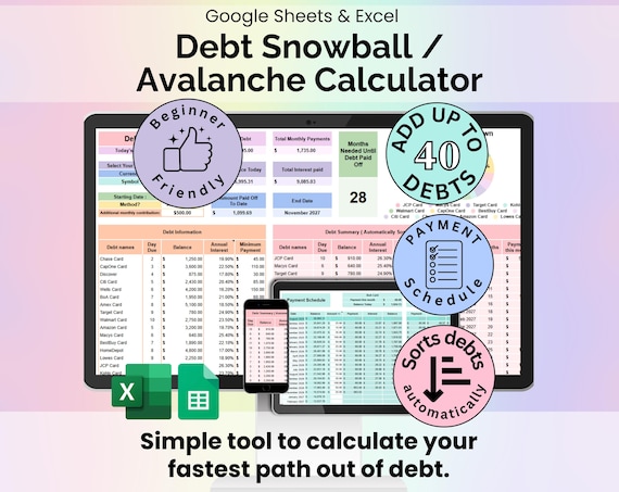 Debt Snowball / Avalanche Calculator Spreadsheet Google Sheets Microsoft Excel Template Digital Debt Payment Tracker Debt Payoff Planner