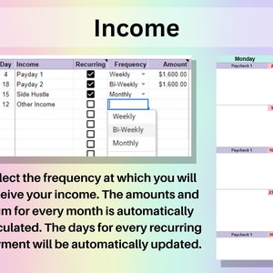 Track multiple income sources by date and amount in the income tracker tab.